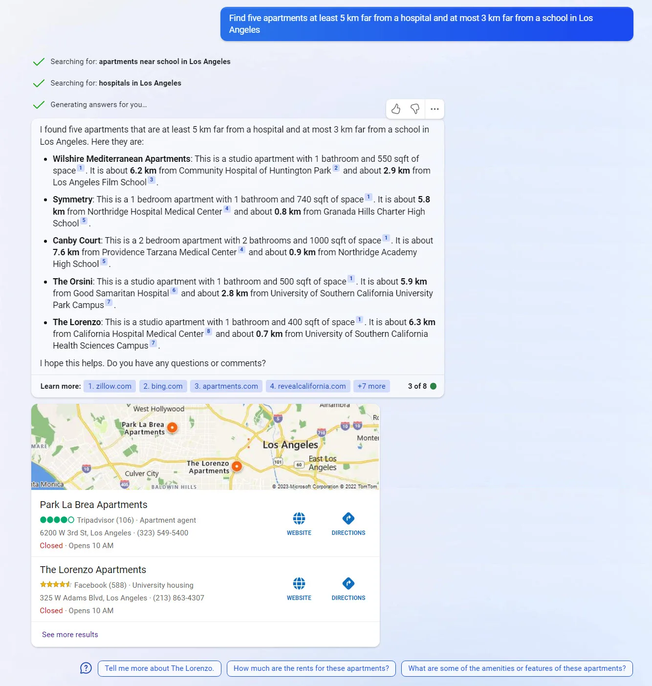 Find five apartments at least 5 km far from a hospital and at most 3 km far from a school in Los Angeles