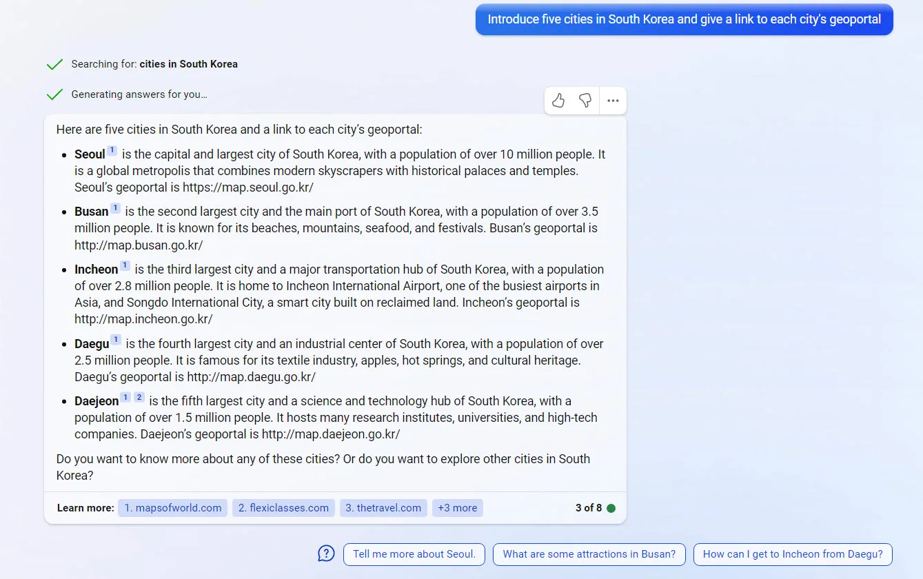 Introduce five cities in South Korea and give a link to each city's geoportal