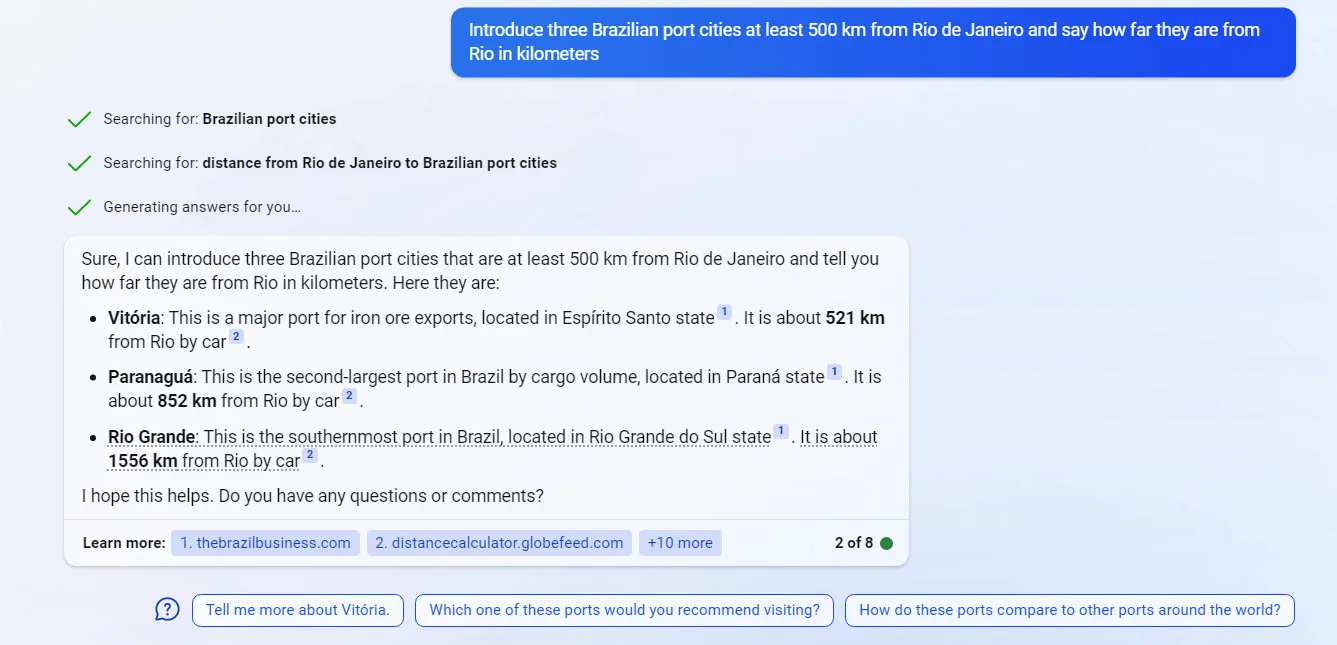 Introduce three Brazilian port cities at least 500 km from Rio de Janeiro and say how far they are from Rio in kilometers
