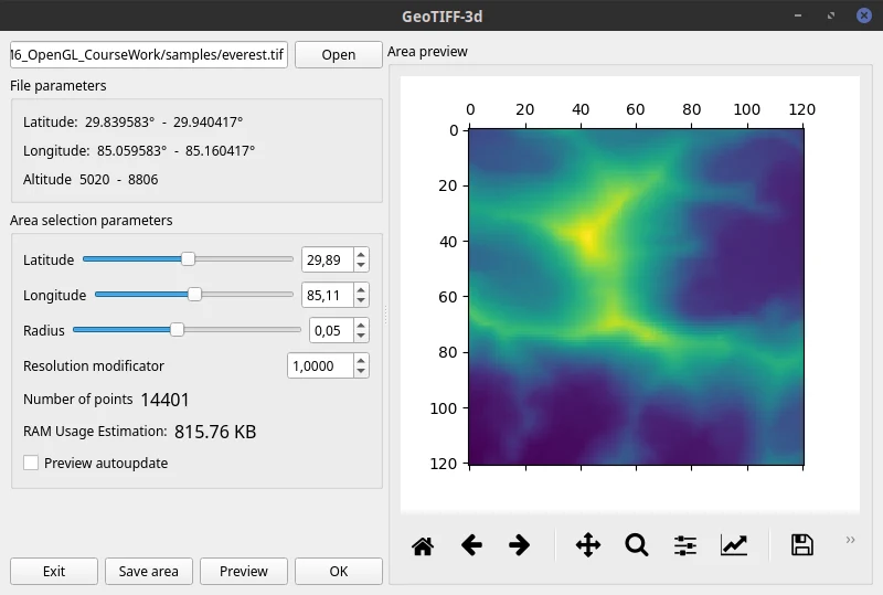 A 3d view of a geo-tiff file made with GeoTiff-3d